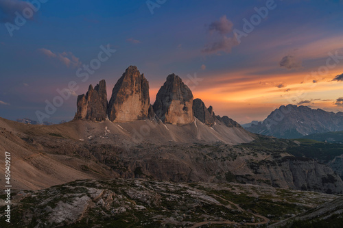 Three peaks of Tre Cime di Lavaredo during sunset © valdisskudre