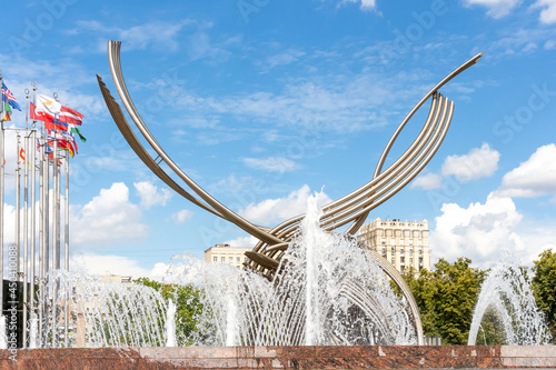 Monument Abduction of Europe with fountain on Europe square located by Kievsky railway station. Blue sky with few clouds. Travel in Russia theme. photo