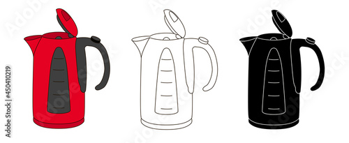 A set of electric kettles - one red in the cartoon style, the second in the outline style and a black silhouette of the kettle. Stock vector illustration isolated on white background.