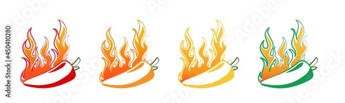 Spicy hot chili pepper icons set with flame and rating of spicy Mild, medium hot and extra hot level of pepper sauce or snack food Chili pepper or chile habanero and jalapeno level Hot pepper sign