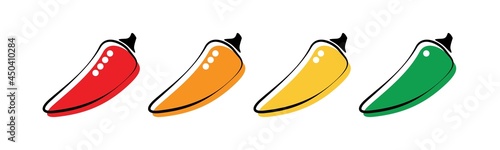 Spicy hot chili pepper icons set with flame and rating of spicy Mild, medium hot and extra hot level of pepper sauce or snack food Chili pepper or chile habanero and jalapeno level Hot pepper sign