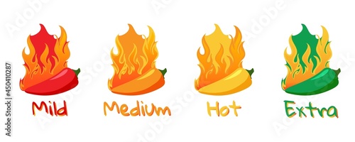 Spicy hot chili pepper icons set with flame and rating of spicy Mild, medium hot and extra hot level of pepper sauce or snack food Chili pepper or chile habanero and jalapeno level Hot pepper sign