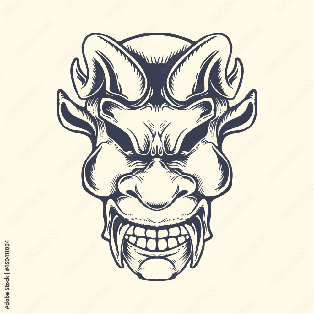 Fototapeta premium Devil face head line inking illustration Premium Vector