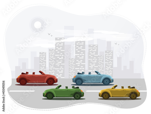 Cars move along the road against the backdrop of a cityscape with skyscrapers on the side of the road. City life. Cartoon flat vector illustration.