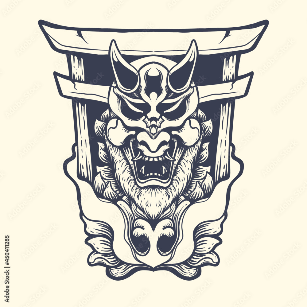 Naklejka premium Oni with japanese hell gate inking illustration Premium Vector 
