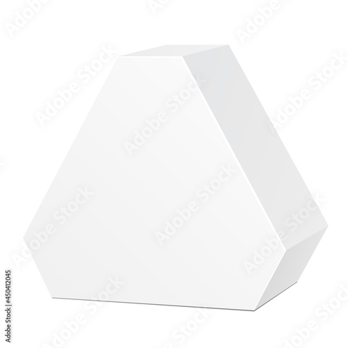 White Die Cut Box Cardboard Hexagon Triangle Carry Box Bag Packaging For Food, Gift Or Other Products. On White Background Isolated. Ready For Your Design. Product Packing Vector EPS10