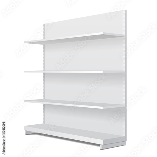 White Blank Empty Showcase Display With Retail Shelves. Perspective View 3D. Illustration Isolated On White Background. Mock Up Template Ready For Your Design. Product Packing Vector EPS10