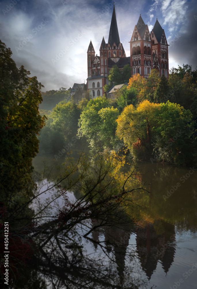 River Lahn. Limburg an der Lahn Germany. St. Georg's Dom. Sunrise.