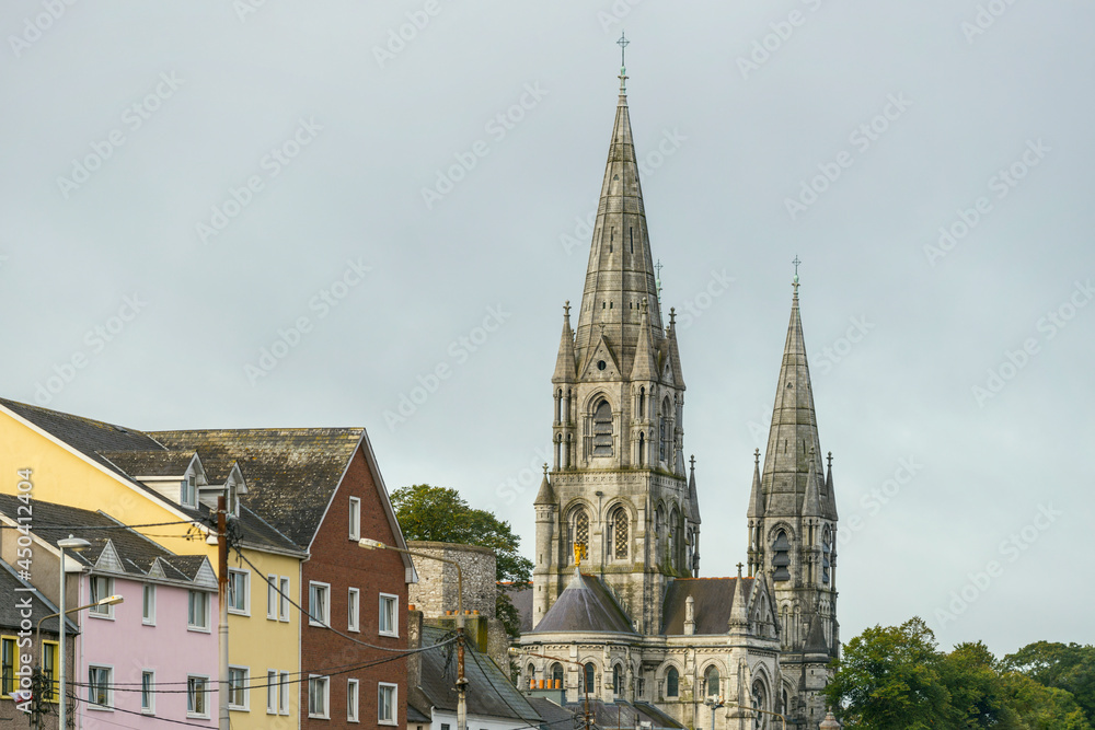 Towers of st Finbar's cathedral and rooftops of the surrounding buildings of the city of Cork, republic of Ireland