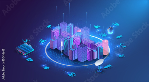 Isometric innovation  Smart city and connected to the light of the high-speed line, the concept of big data connection technology and a secure wireless connection. The concept of the future. Vector photo