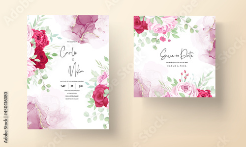 Romantic red and pink floral wedding invitation template with alcohol ink background