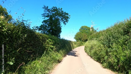 Driving through narrow English Roads. Along the road Dancing Hill from Cothelstone Hill to the small town North Petherton in Bridgwater. 