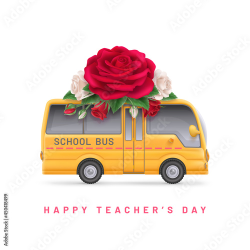 Teachers day background with rose and school bus