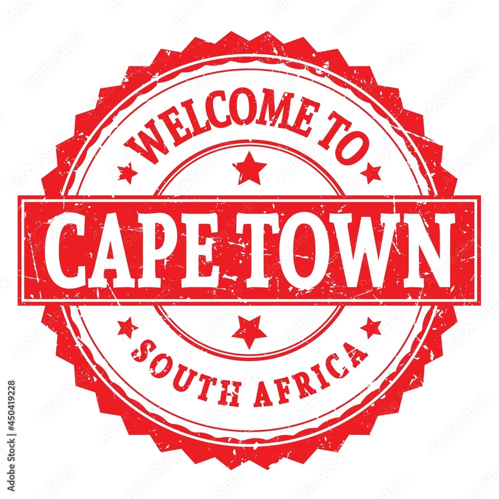 WELCOME TO CAPE TOWN - SOUTH AFRICA, words written on red stamp