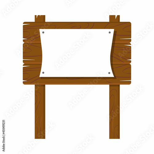 Wooden plaque made of dark brown oak with paper blank, billboard sign isolated on white background