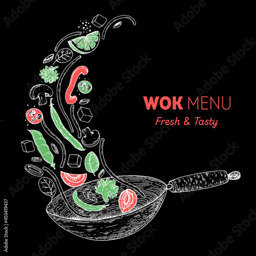 Wok pan and ingredients for wok sketch. Hand drawn vector illustration. Asian food. Noodles, meat, pepper and other ingredients. Asian cuisine.