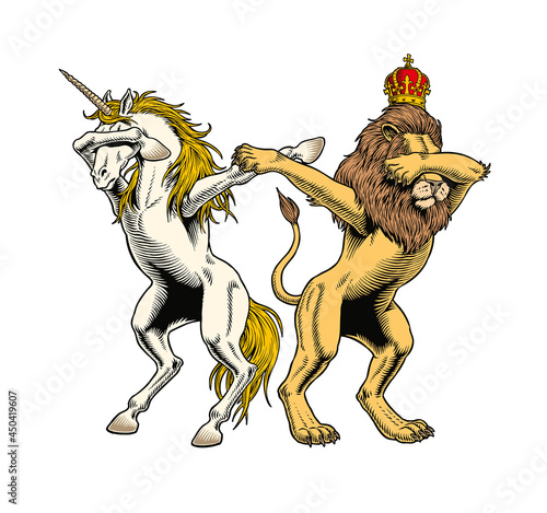 The Lion and the Unicorn dabbing. Funny royal heraldic symbols. Dab meme dance move. Comic style vector illustration.