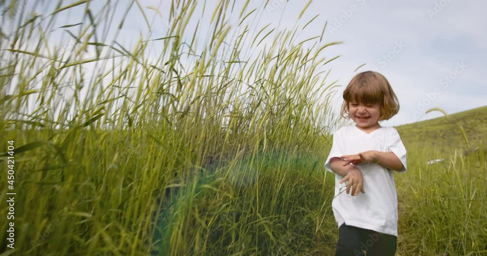 Joyful caucasian baby boy running in grass of field and positively smiling. Funny kid having fun and playing - childhood dreams and discoveries 4k footage Joyful caucasian baby boy running in grass of field and positively smiling. Funny kid having fun and playing - childhood dreams and discoveries 4k footage