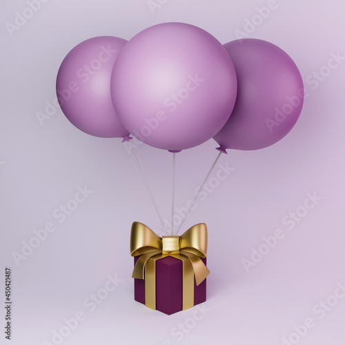 Gift box or present box with pink pastel color balloons. 3D illustration