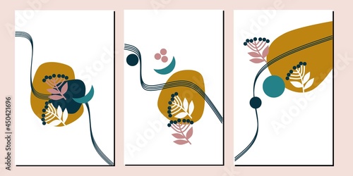 Set three of tropical wall art. Minimal organic shapes wall decor. Bontanical flowers wall Decorations. Scandinavian home decorations.