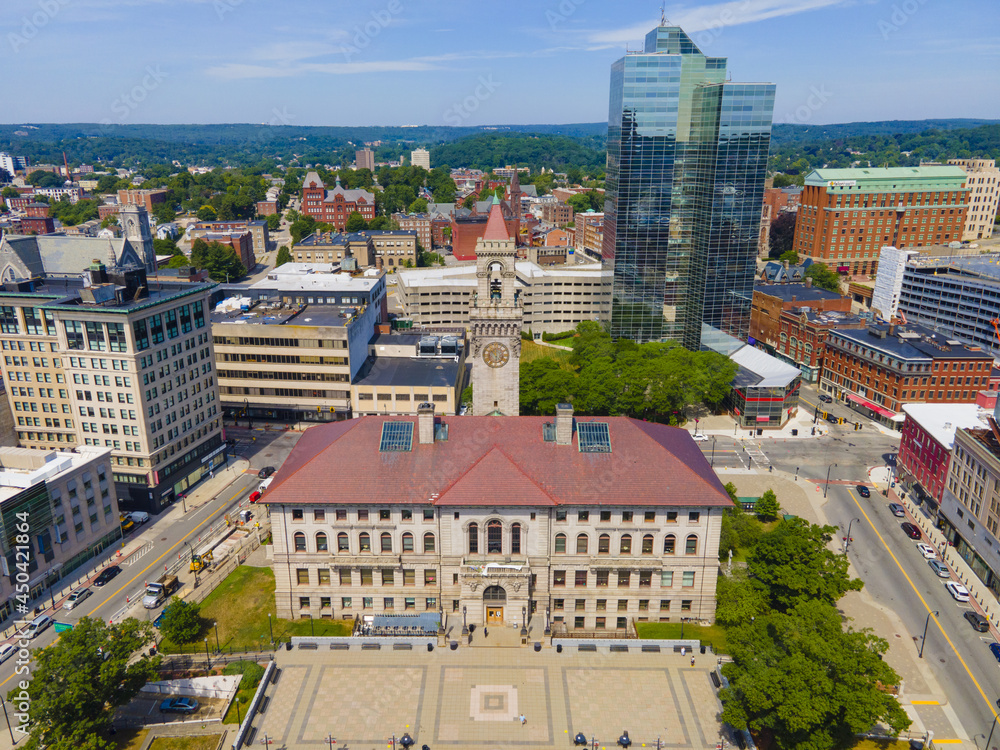 Worcester City Hall aerial view and Worcester Plaza building on Main Street with modern skyline at the background, Worcester, Massachusetts MA, USA. 