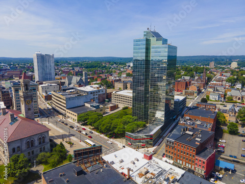 Worcester city center aerial view including Worcester Plaza building on Main Street with modern skyline at background  Worcester  Massachusetts MA  USA. 