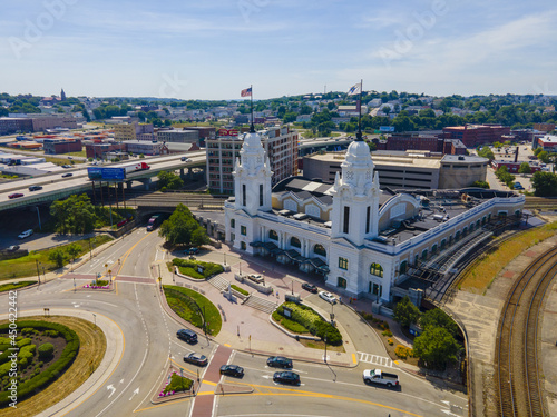 Worcester Union Station aerial view. The station was built in 1911, is a railway station located at 2 Washington Square in downtown Worcester, Massachusetts MA, USA. 