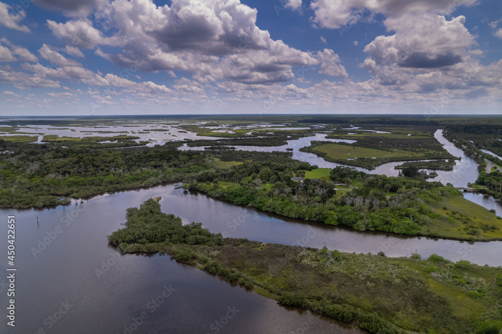 Swamp, marsh in Florida, aerial view shot from a drone