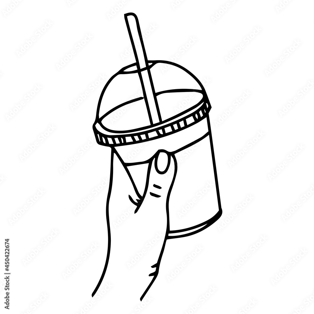 Hand holds a glass with milkshake, coffee, lemonade. Isolated vector illustration on white background doodle hand with glass. Takeaway drink