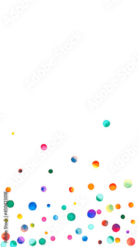 Watercolor confetti on white background. Alluring rainbow colored dots. Happy celebration high colorful bright card. Sublime hand painted confetti.