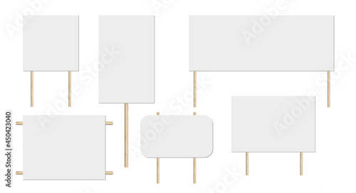 Blank placard. Realistic whiteboard on wooden sticks. 3D vector illustration