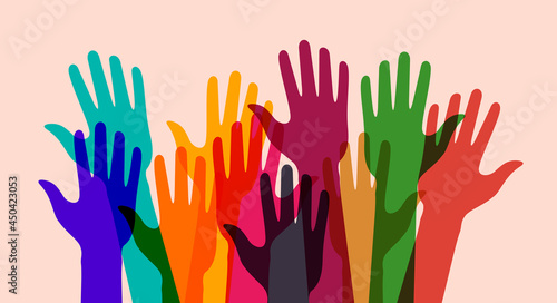 Colorful up hands. Flat vector illustration isolated on pink