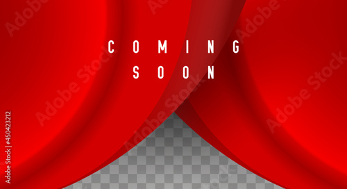 Coming soon lettering. Red curtain. 3D vector illustration