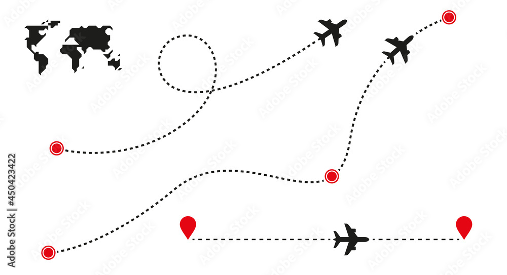 Airplane line path icon. Air plane flight route. Start and finish points and dash line trace. Flat vector illustration isolated on white background. Airplane line path icon. Air plane flight route. Start and finish points and dash line trace. Flat vector illustration isolated on white background.