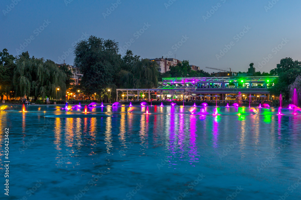 Sunset view of Singing Fountains in City of Plovdiv, Bulgaria