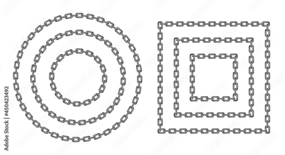 Black round and square chain set. Black circle and rectangular chain frame various sizes. Flat vector illustration isolated on white background.
