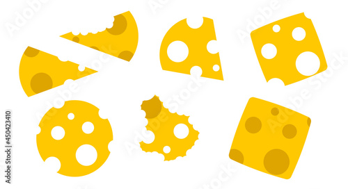 Pieces of cheese. Slicing cheese in different shapes. Flat vector illustration isolated on white background.