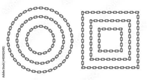 Black round and square chain set. Black circle and rectangular chain frame various sizes. Flat vector illustration isolated on white background.