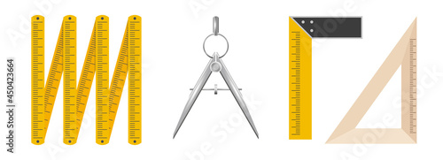 Measuring tools. Folding rule, bow-compass divider, building corner, school wooden corner. 3D vector illustration isolated on white background.