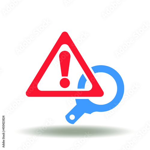 Attention sign with magnifier vector illustration. Risk assessment and control icon. Danger and risky management symbol.