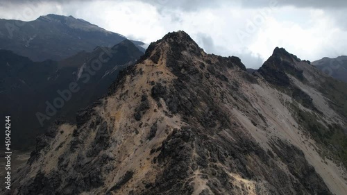 An aerial view of a rugged volcano in Ecuador called Rucu Pichincha 