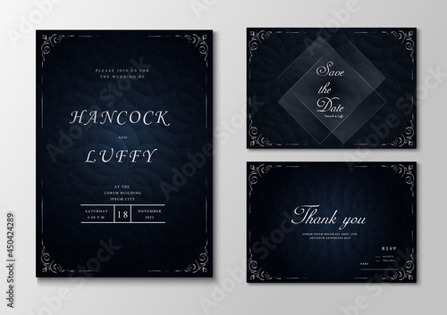   Luxury wedding invitation card template with dark navy background floral design geometric shape