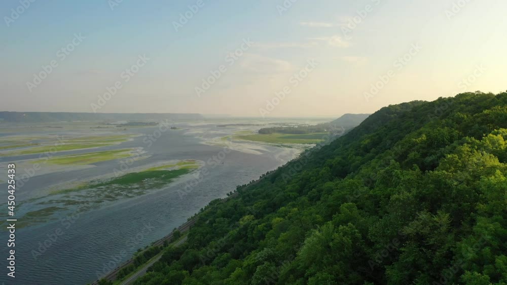 Bluff top views along the Mississippi River. Minnesota Wisconsin state border. Aerial view. Day, summer Bluff top views along the Mississippi River. Minnesota Wisconsin state border. Aerial view. Day, summer