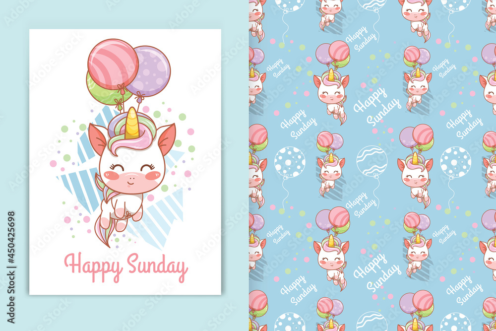 Fototapeta premium cute baby unicorn with balloons cartoon illustration and seamless pattern set