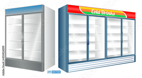 set of realistic refrigerator showcase isolated or commercial refrigerator cooling drinks fridge freezer or showcase transparent glass refrigerator. eps vector
