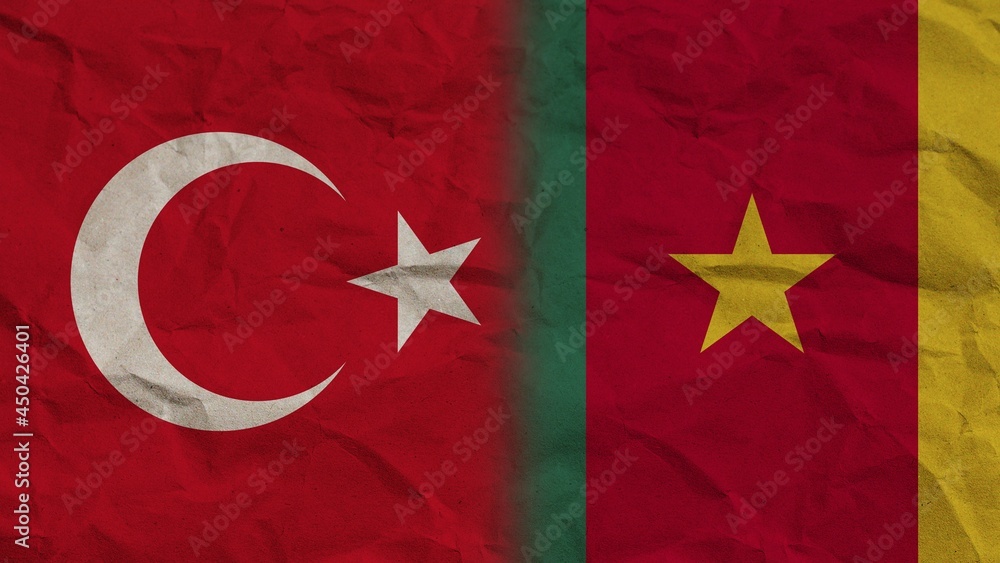 Obraz premium Cameroon and Turkey Flags Together, Crumpled Paper Effect Background 3D Illustration