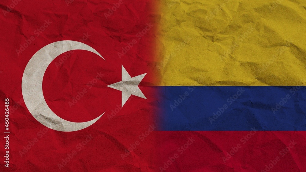 Obraz premium Colombia and Turkey Flags Together, Crumpled Paper Effect Background 3D Illustration
