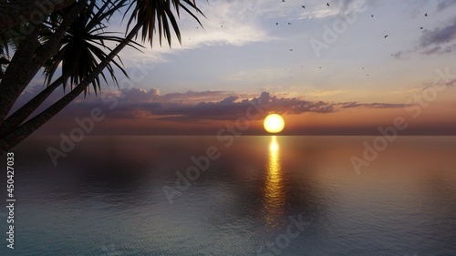 Romantic colorful sunset at the sea. The sun touches horizon. 