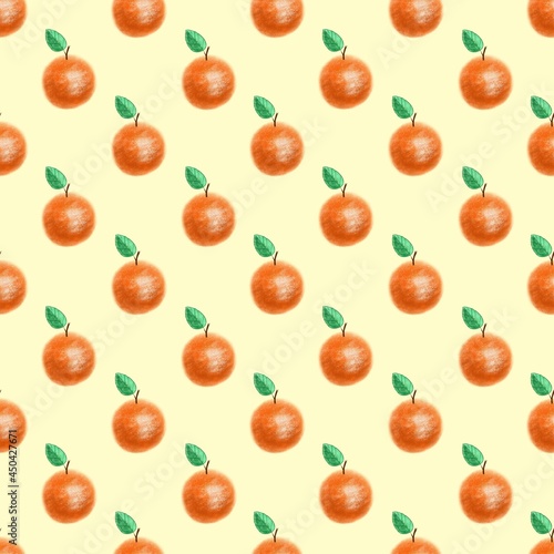 Seamless botanical pattern with fresh citrus oranges on a lime background 