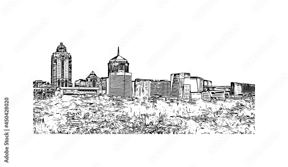 Obraz premium Building view with landmark of Johannesburg is the city in South Africa. Hand drawn sketch illustration in vector.
